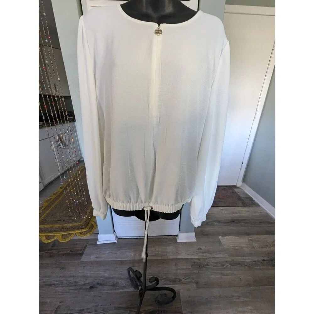 Tommy Hilfiger XL White Textured Drawstring Shirt Top Gold Zip Up Logo - Picture 2 of 8